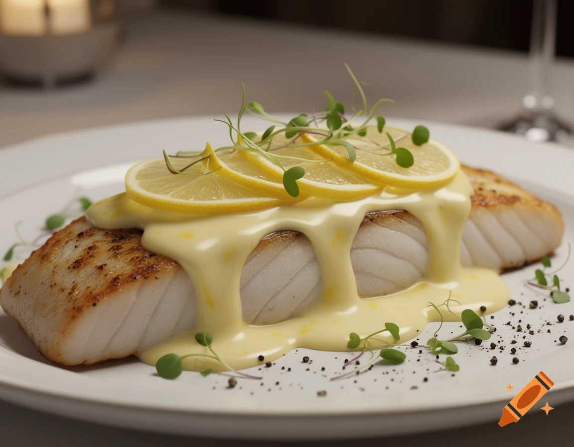 Pan-seared fish fillet topped with lemon slices, creamy yellow sauce, and microgreens on a white plate.