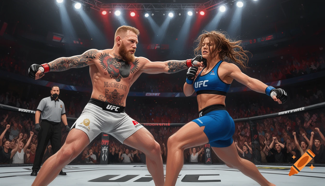 Illustrative depiction of Conor McGregor fighting a female opponent in a UFC octagon with a referee and cheering crowd.