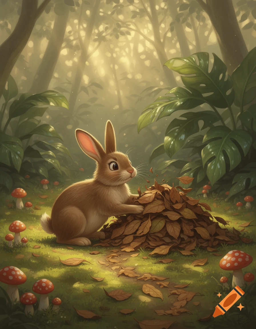 A cute brown rabbit plays with a pile of fallen autumn leaves in a ...