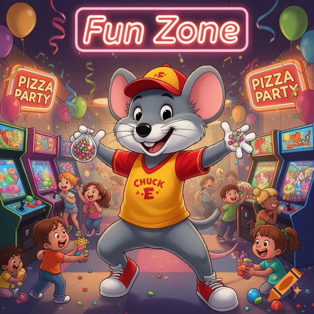 A cartoon illustration of Chuck E. Cheese in an arcade, surrounded by happy children playing games under neon signs that say "Fun Zone" and "Pizza Party".