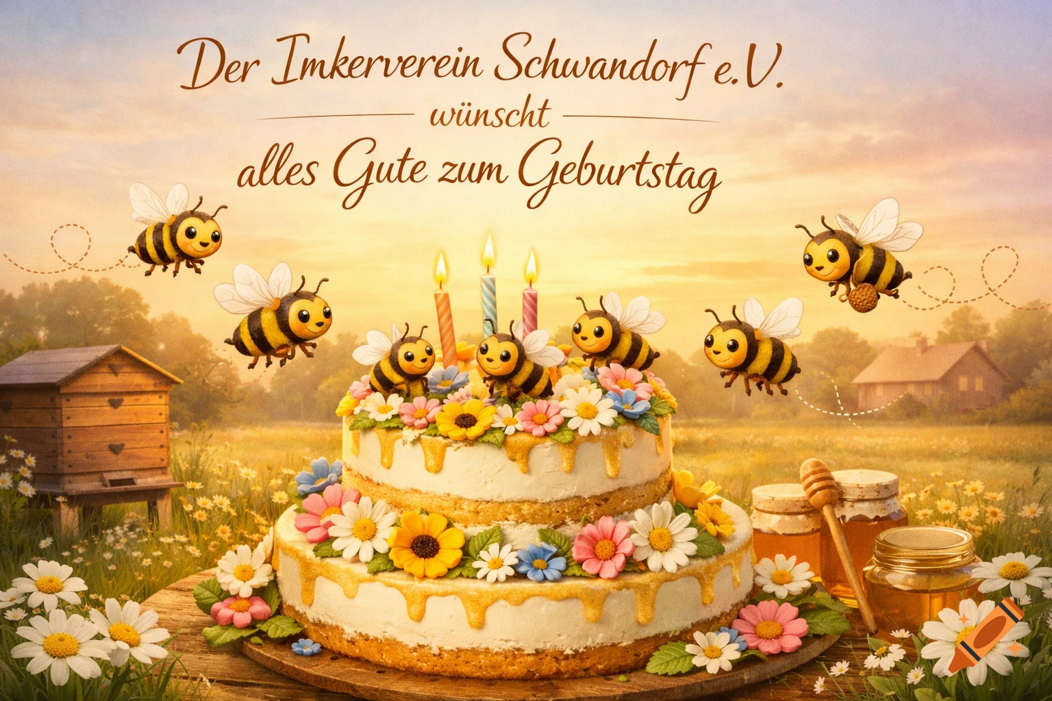 Cheerful birthday greeting card with cartoon bees, a multi-tier cake decorated with flowers, and a beehive in a sunny field.