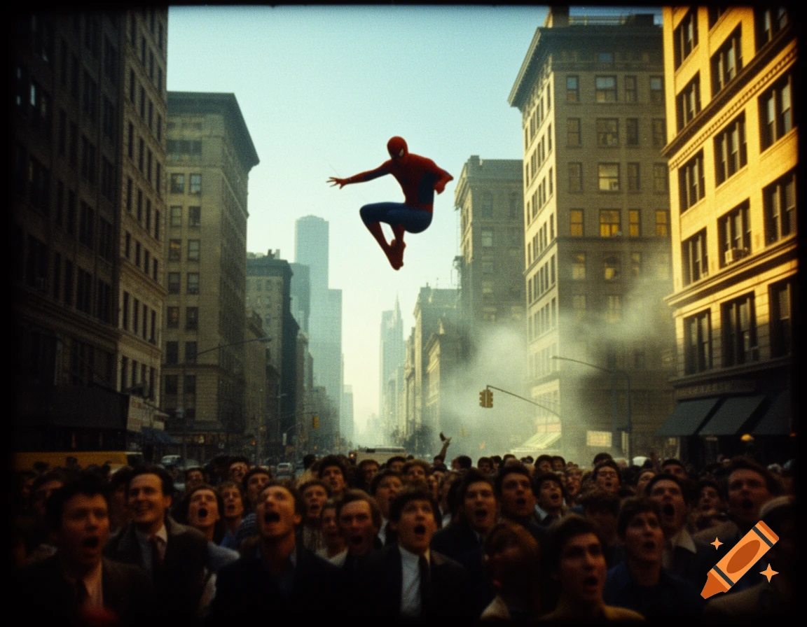 Spider-Man swings high above a surprised crowd in a 1960s New York City street, in a grainy, vintage-style photograph.
