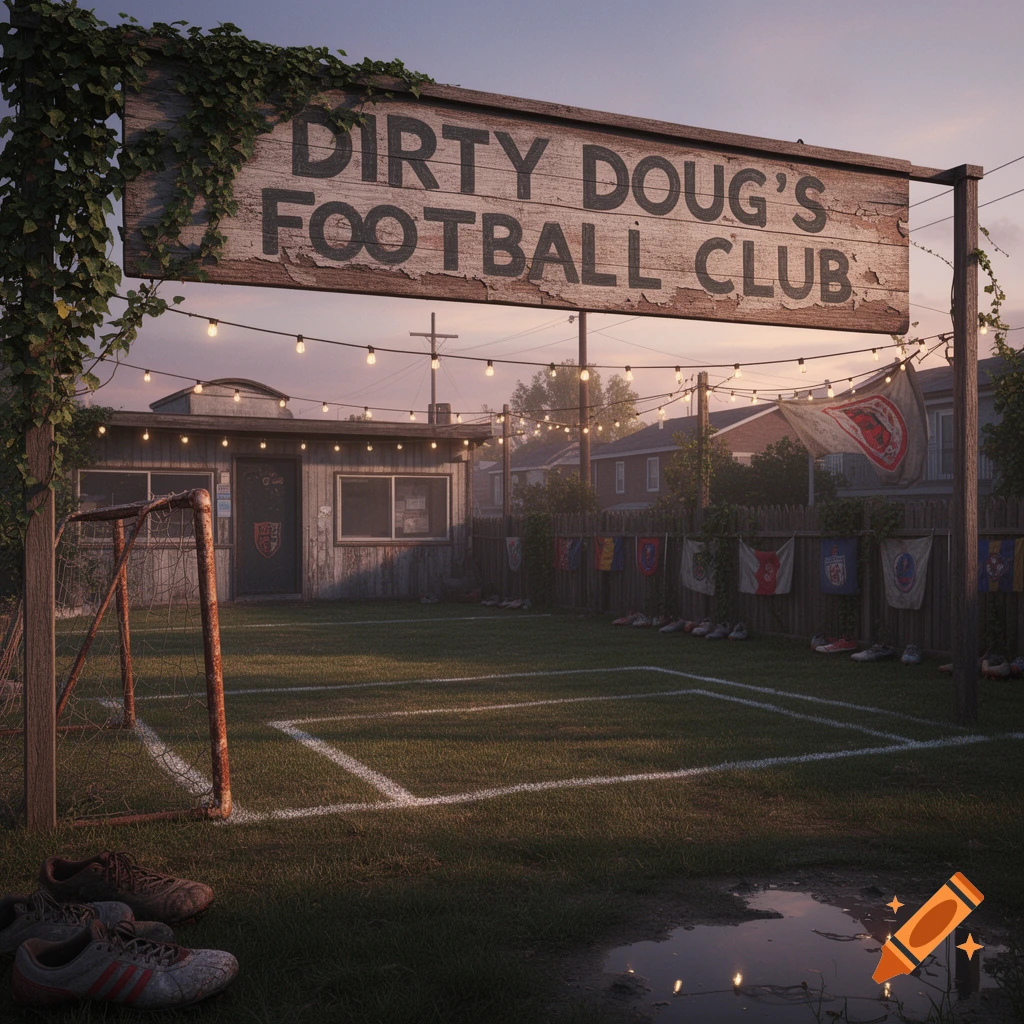 A rustic football club field at sunset, featuring a weathered wooden sign that reads "DIRTY DOUG'S FOOTBALL CLUB", string lights, and a small clubhouse.