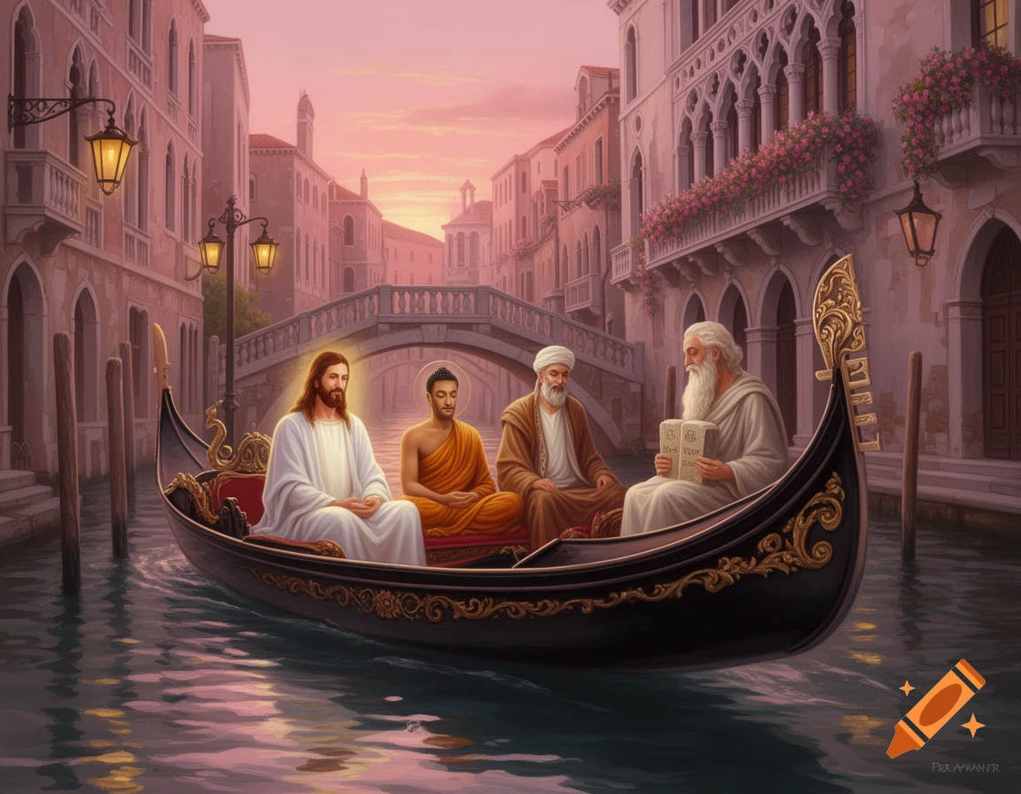 Jesus, Buddha, a figure resembling Prophet Muhammad, and Moses sit in a gondola on a canal in Venice at sunset, rendered in a classical painting style.