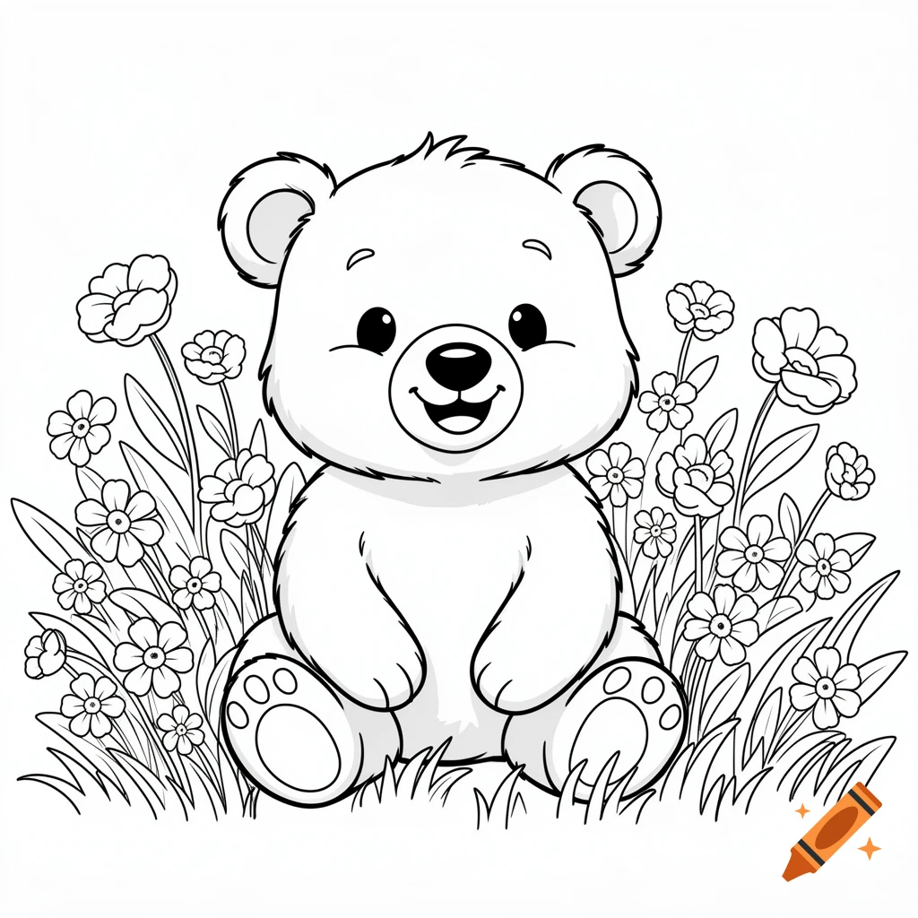 Smiling cartoon bear sitting in a field of flowers, black and white line art coloring book style.