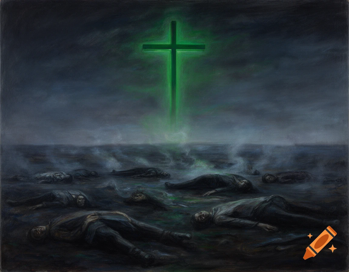 An impressionistic painting of a glowing green cross over a dark, misty landscape scattered with dead bodies.