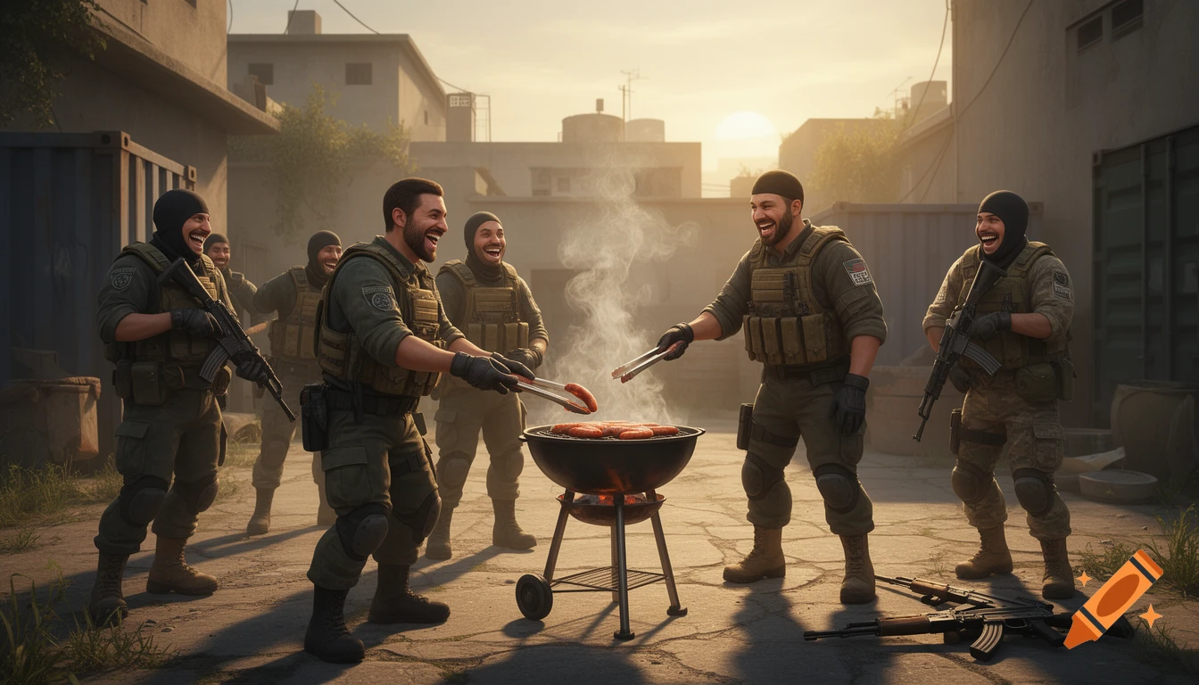Soldiers in tactical gear laugh while grilling sausages in an urban environment with weapons on the ground.