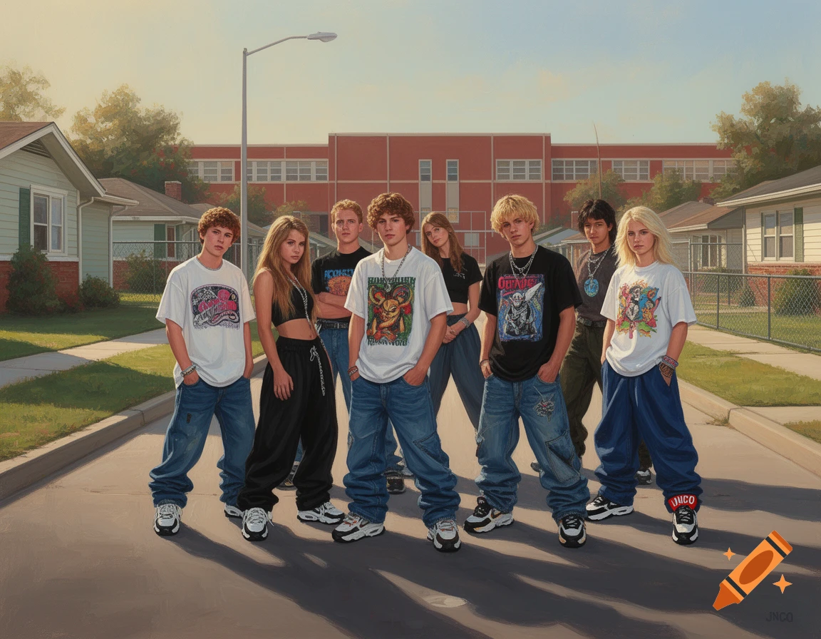 A diverse group of seven young people in baggy 90s-style streetwear, including JNCO-like jeans and graphic tees, stand on a suburban street in front of a red brick high school.