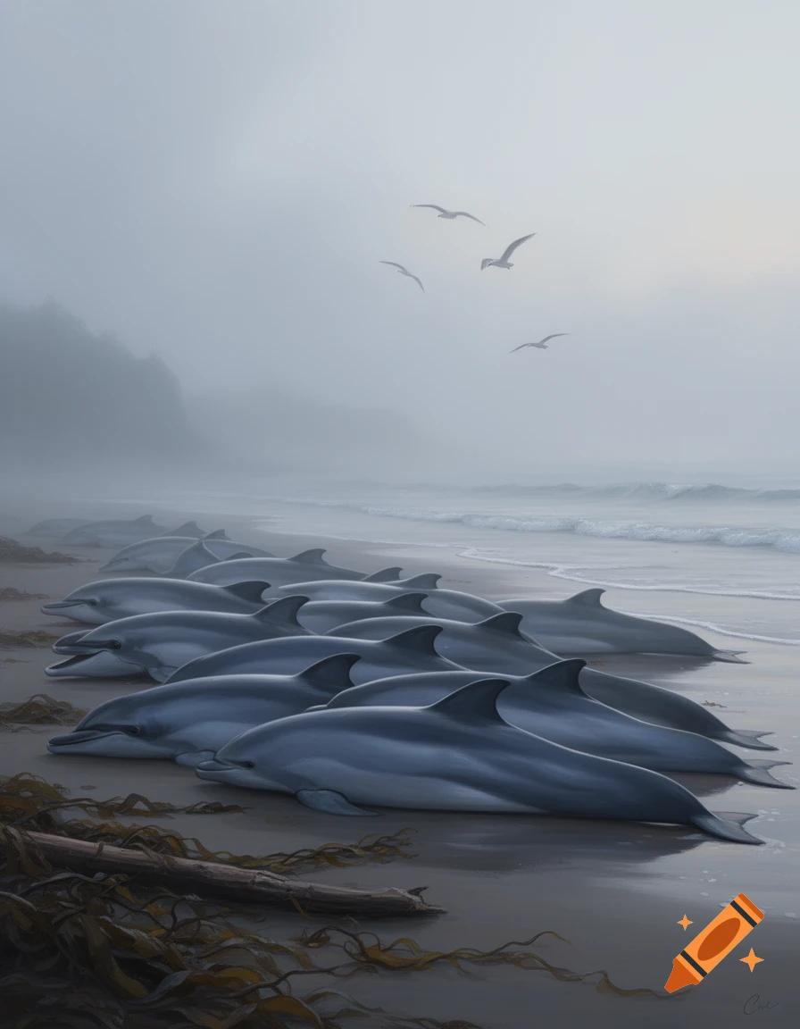 Numerous dolphins are beached on a misty shore with waves, seaweed, and driftwood, as gulls fly above a hazy ocean.