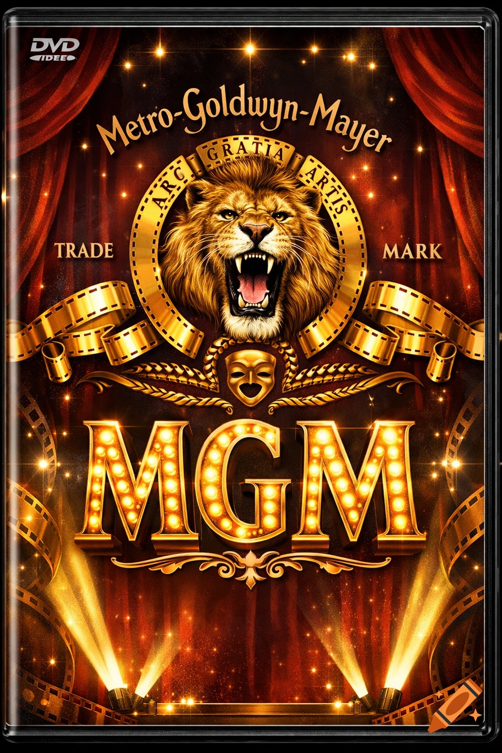 A stylized MGM DVD cover with a roaring lion in a golden film reel frame, bright marquee letters for MGM, and red stage curtains.