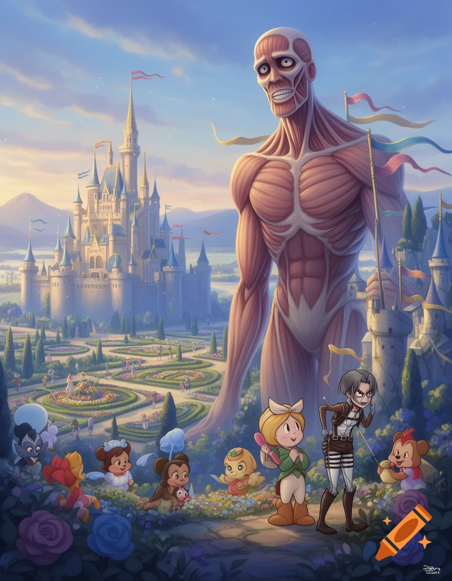 A Colossal Titan looms over a Disney castle, surrounded by small Disney-style characters and Levi Ackerman.