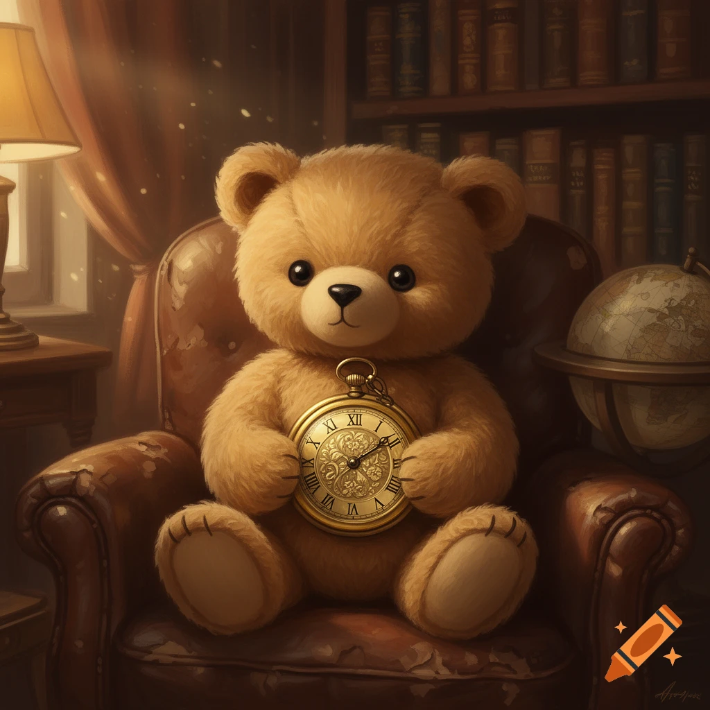 A fluffy brown teddy bear sits in a leather armchair, holding a golden pocket watch, in a cozy study with bookshelves and a globe.