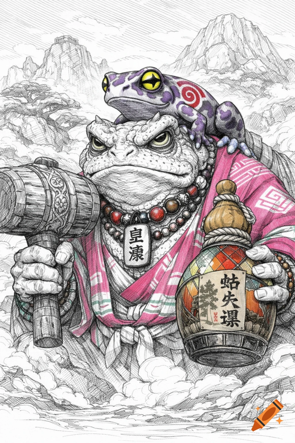 An anime sketch of a kaiju-sized toad wearing a pink robe and a necklace, holding a large mallet and a stained-glass sake bottle, with a purple poison arrow frog on its head, against a backdrop of mountains.