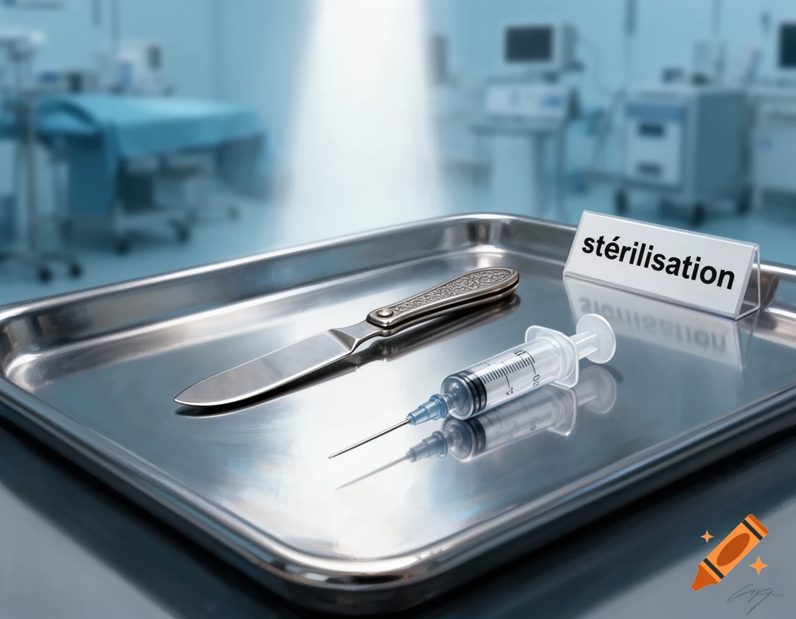 A photorealistic image of a scalpel, a syringe, and a sign reading "stérilisation" on a shiny metal tray in a hospital room.