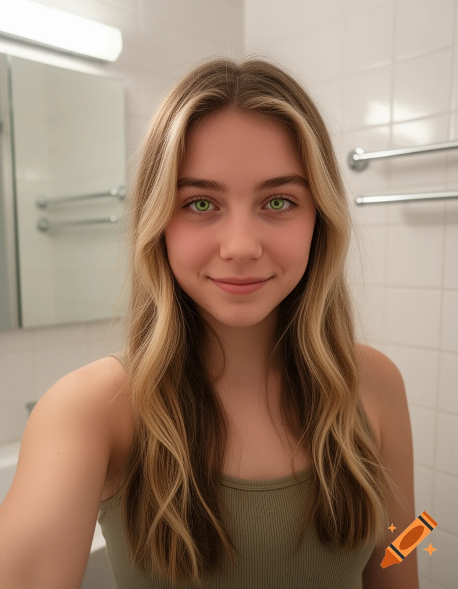 Selfie of a young woman with blonde hair and bright green eyes, smiling in a bathroom.