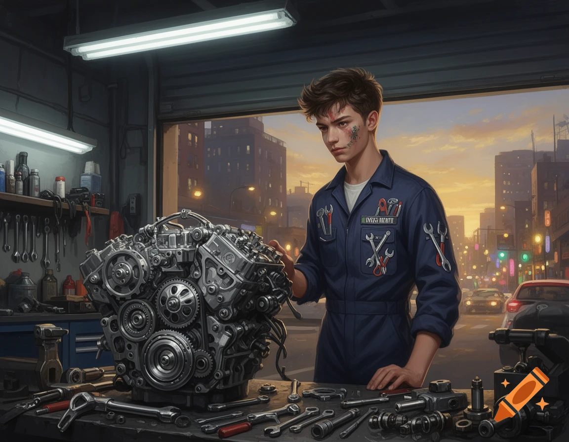 A young male mechanic in a blue jumpsuit stands by a large, complex engine on a workbench in a garage, with a city sunset visible outside.