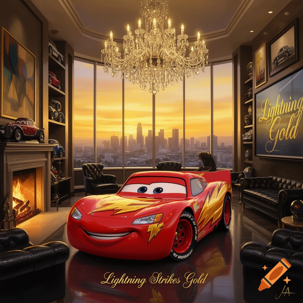 Lightning McQueen from Cars is parked inside a lavish penthouse suite with a glittering chandelier, facing a large window overlooking a city skyline at sunset. Other toy cars are displayed on shelves and by a fireplace.