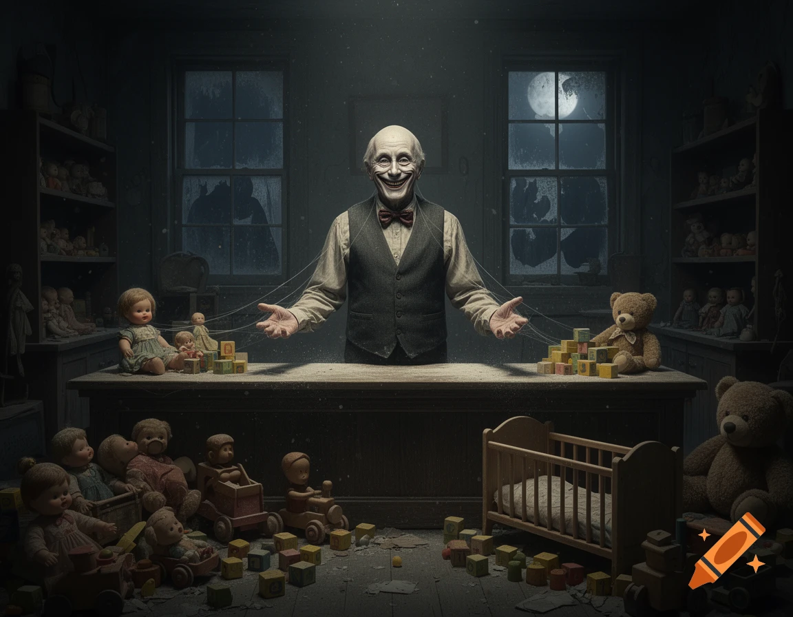 An unsettling toy seller with a long, unnatural smile stands behind a dusty counter, surrounded by old dolls and teddy bears in a dark, abandoned toy shop with moonlight through dirty windows. Thin, almost invisible threads extend from his hands towards the toys. The scene is eerie and melancholic, with a dark fantasy aesthetic.