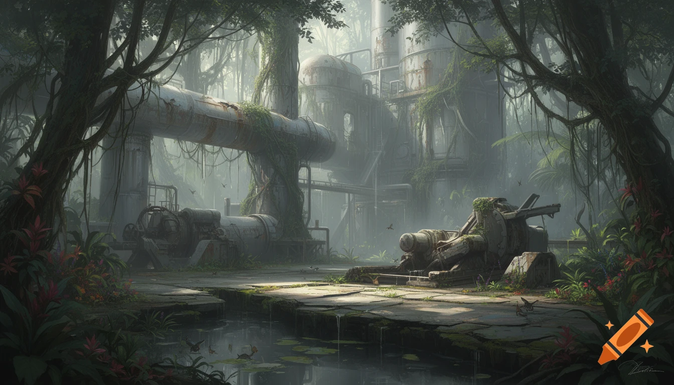A lush, overgrown jungle has reclaimed abandoned, rusty futuristic industrial ruins, with pipes and structures covered in vines and moss.