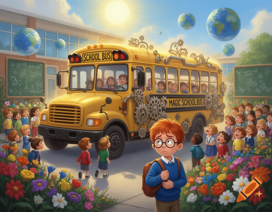 A magical yellow school bus with gears and pipes, surrounded by diverse children and flowers, under a sunny sky with floating Earths.
