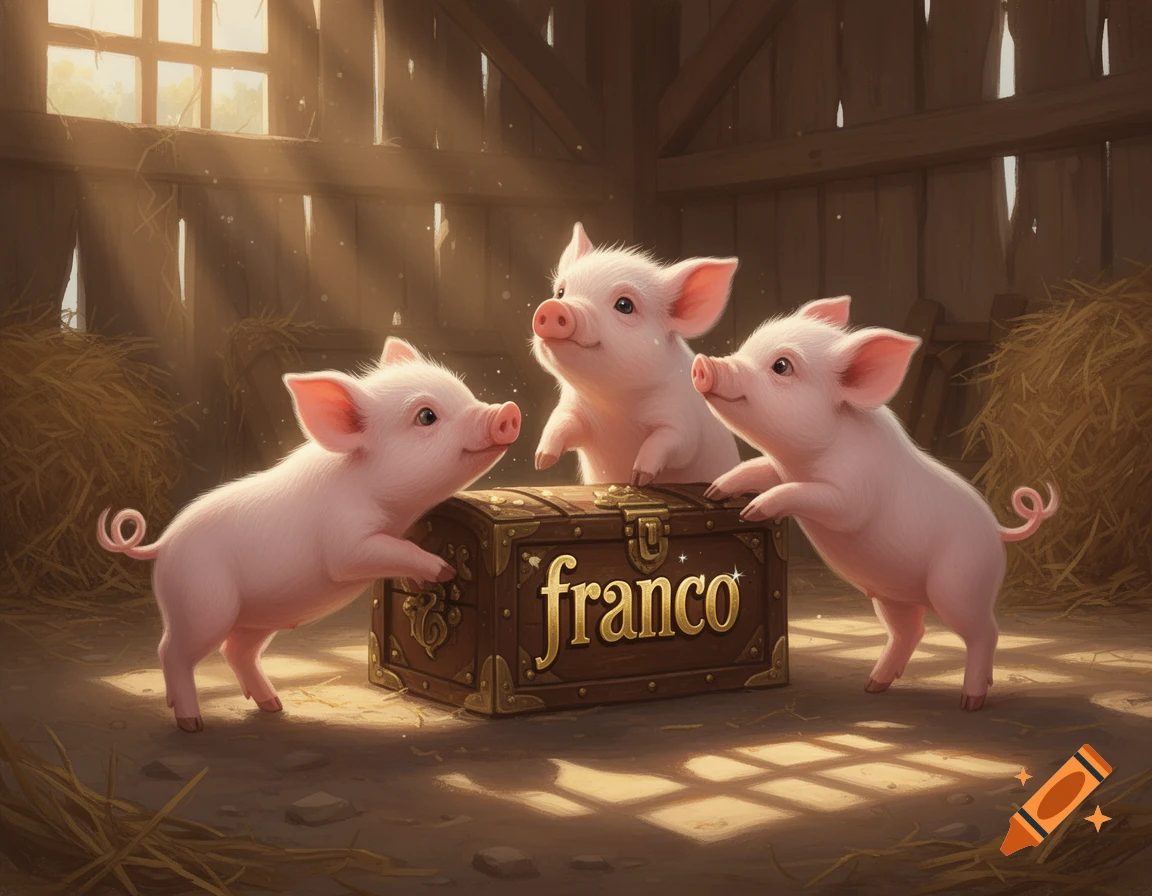 Three cute piglets gather around a wooden chest labeled 'franco' in a sunlit barn.