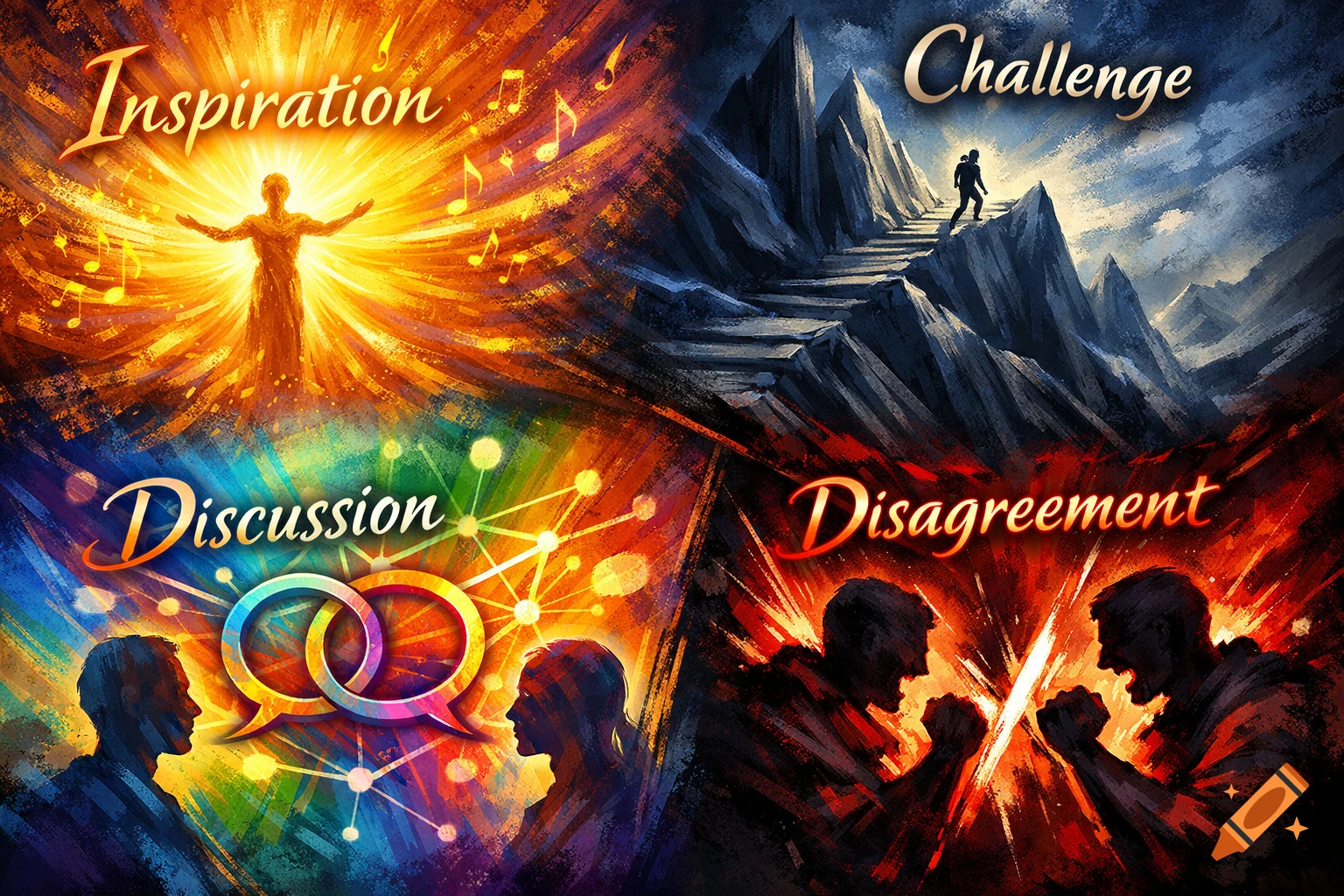 Quad-panel illustration depicting abstract concepts: Inspiration (golden light), Challenge (mountain climb), Discussion (speech bubbles), and Disagreement (fiery clash).