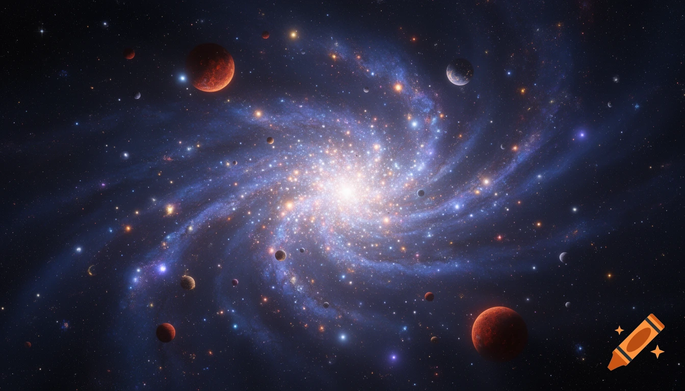 A vibrant spiral galaxy glows brightly in a dark cosmic background, surrounded by numerous colorful stars and planets.
