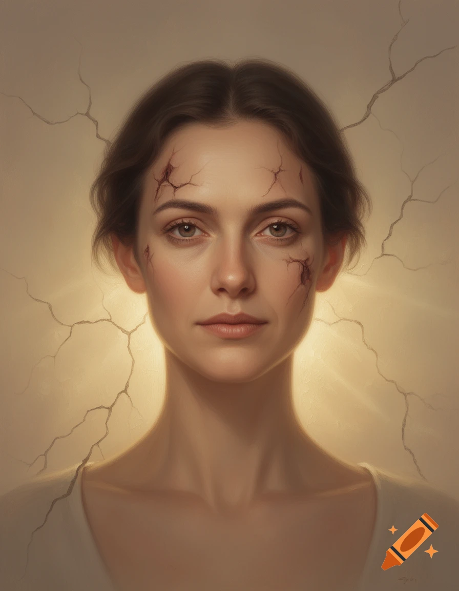 Artistic portrait of a woman with facial cracks and a luminous background, conveying emotional depth and quiet strength.