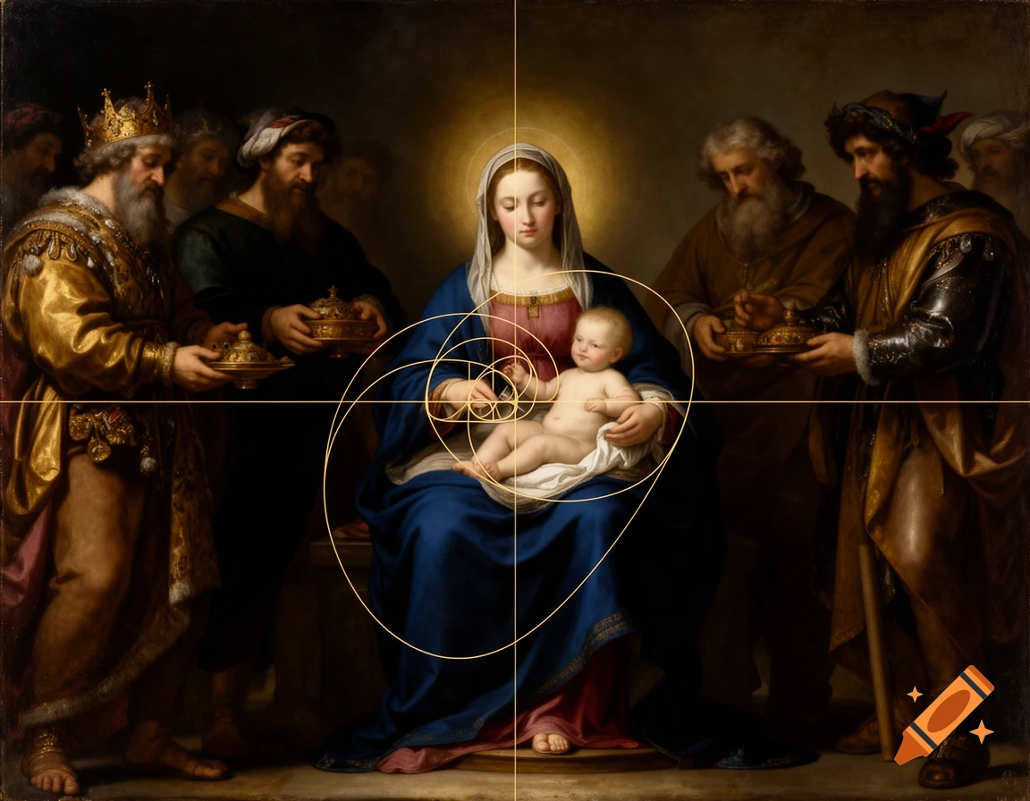 Baroque painting of Mary holding infant Jesus, with the three Magi, overlaid with a golden spiral and grid for compositional analysis.