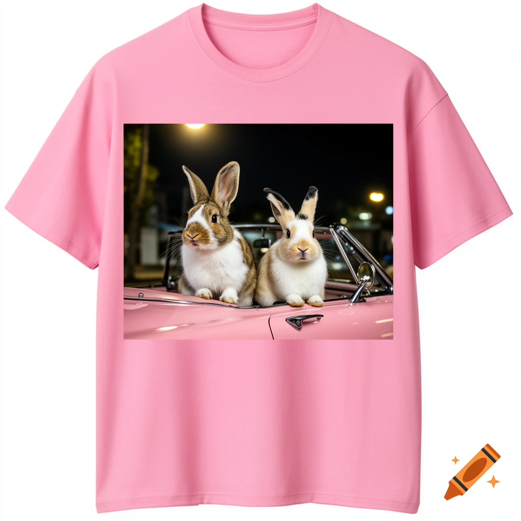 Two realistic brown and white rabbits in a pink convertible car at night, printed on a pink oversized t-shirt.