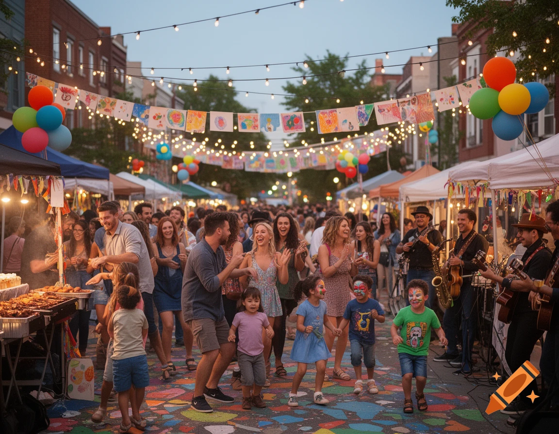 A lively street party at dusk with people dancing, children with face paint, food stalls, musicians, and string lights across the street.