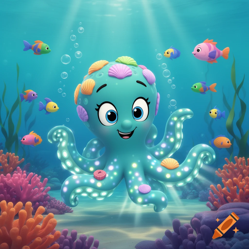 A vibrant cartoon blue-green octopus with big eyes and seashells on its head smiles underwater amidst colorful coral and tropical fish.
