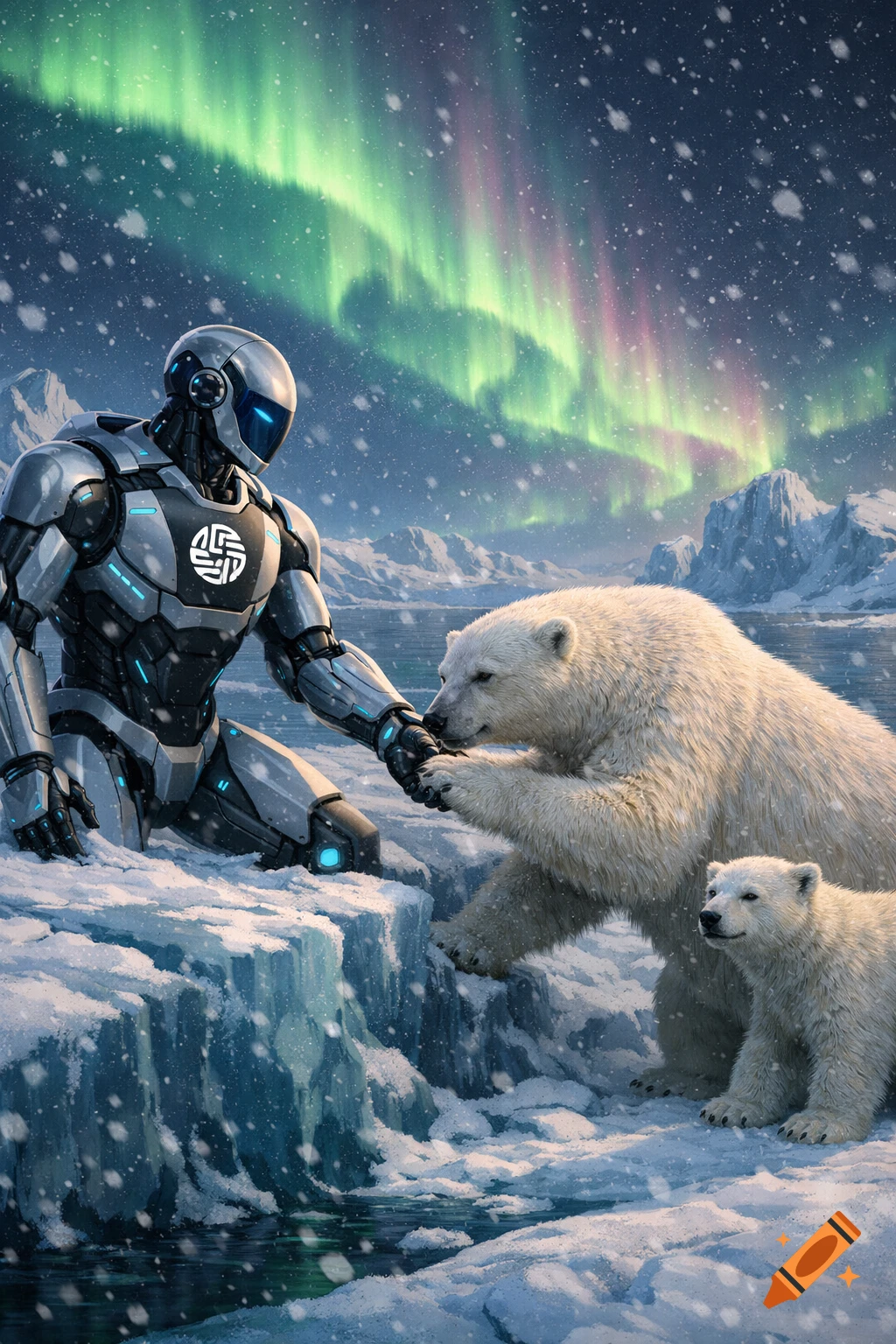 A futuristic robot interacts with a polar bear and its cub in a snowy arctic landscape under the aurora borealis.