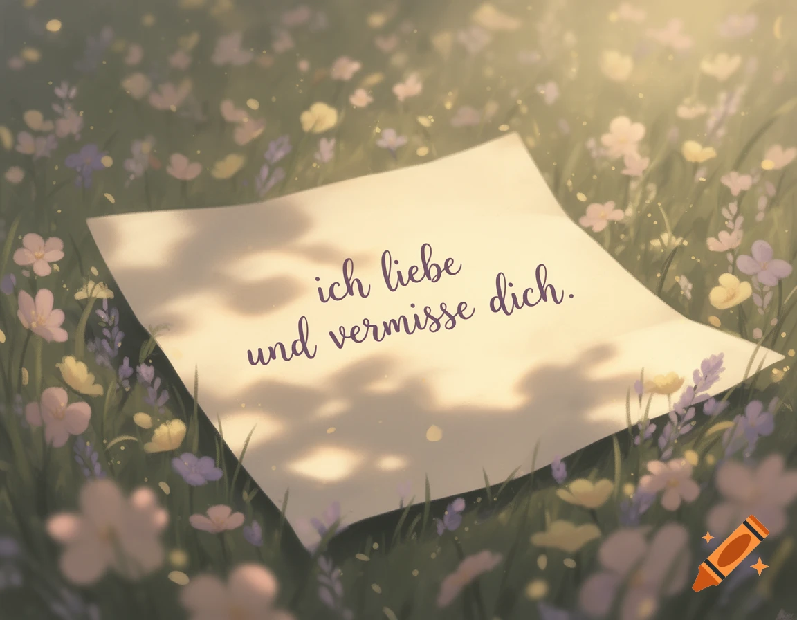 A handwritten note reading "ich liebe und vermisse dich" on paper in a field of purple and yellow wildflowers.