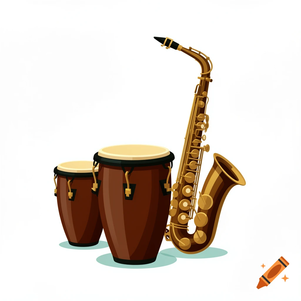 Two brown bongos and a golden saxophone stand side-by-side against a white background in a clean illustrative style.