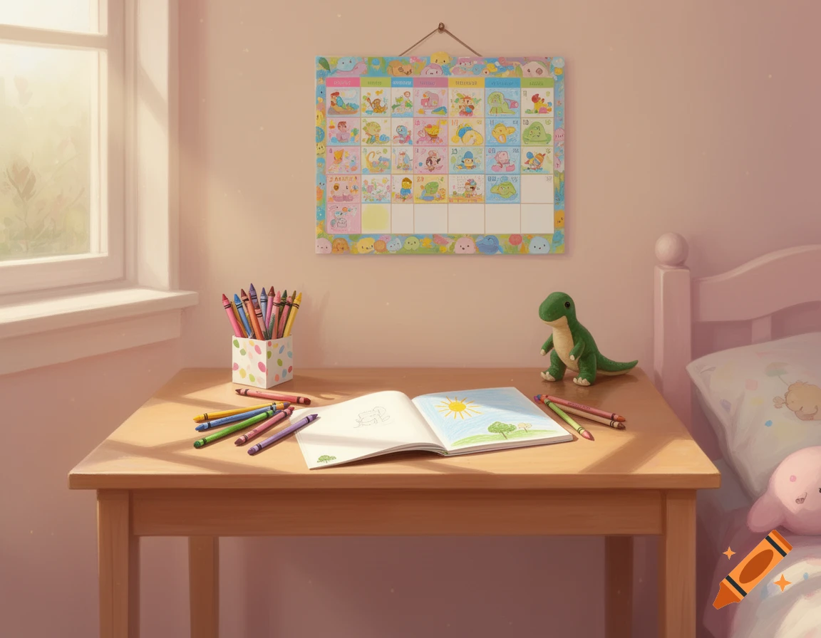 A sunlit child's desk with a coloring book, crayons, a green dinosaur toy, and a colorful calendar on the wall. A pink bed is visible on the right.
