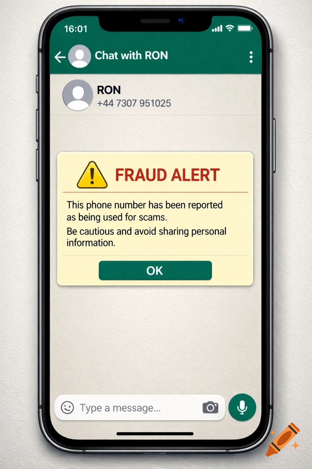 Photorealistic iPhone screen showing a WhatsApp chat with RON and a fraud alert for the contact's phone number.