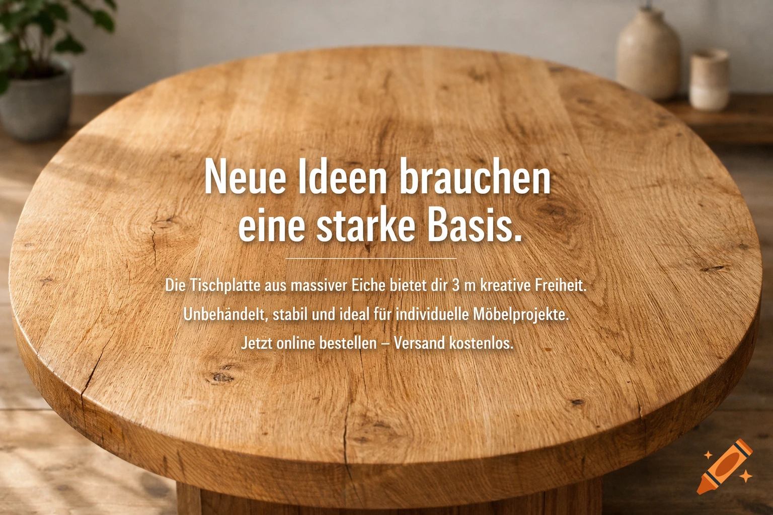 A round, light-colored oak wood table with German advertising text on its surface for custom furniture projects.