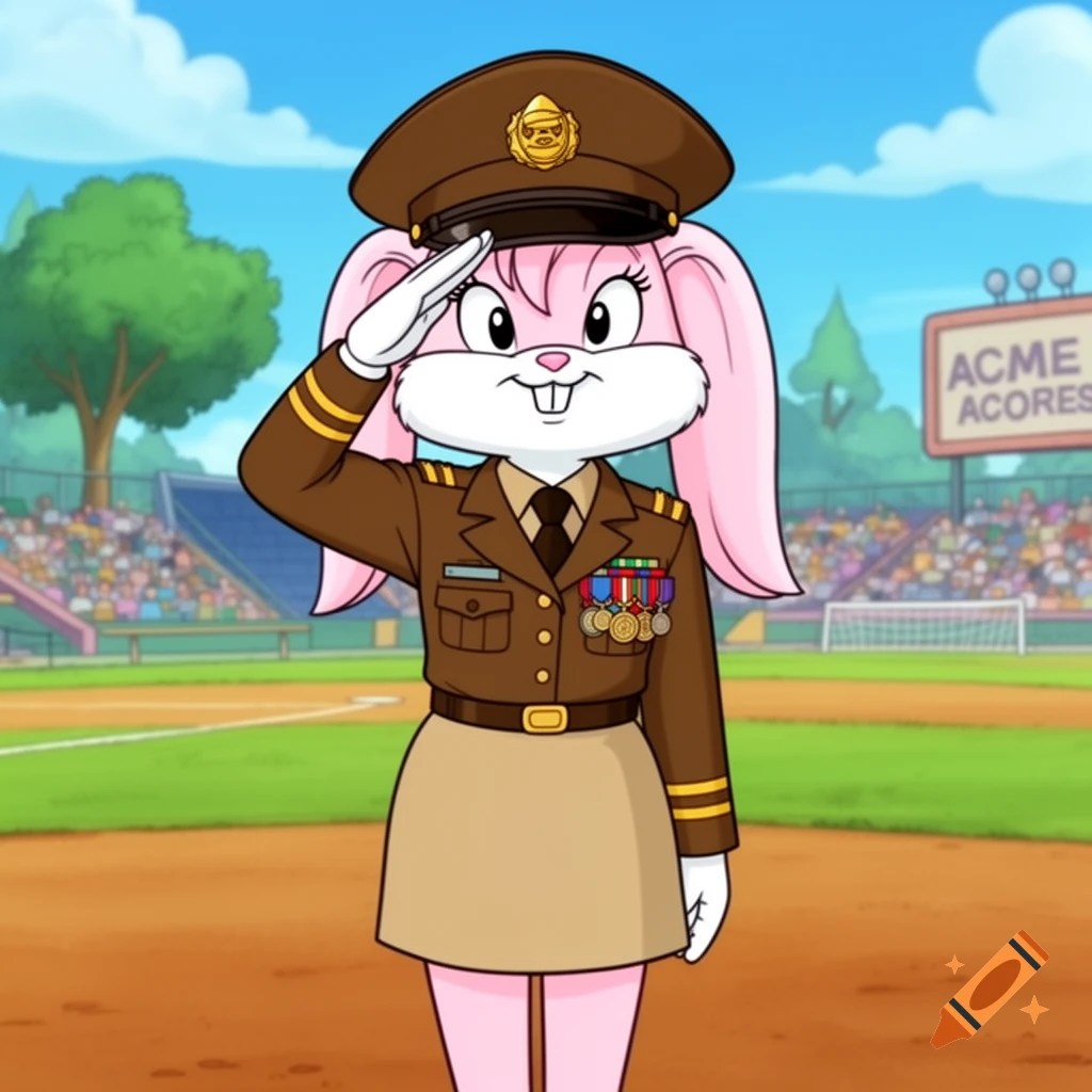 A 2D cartoon Babs Bunny in a brown military uniform with medals salutes on a baseball field with an 'ACME ACRES' sign.