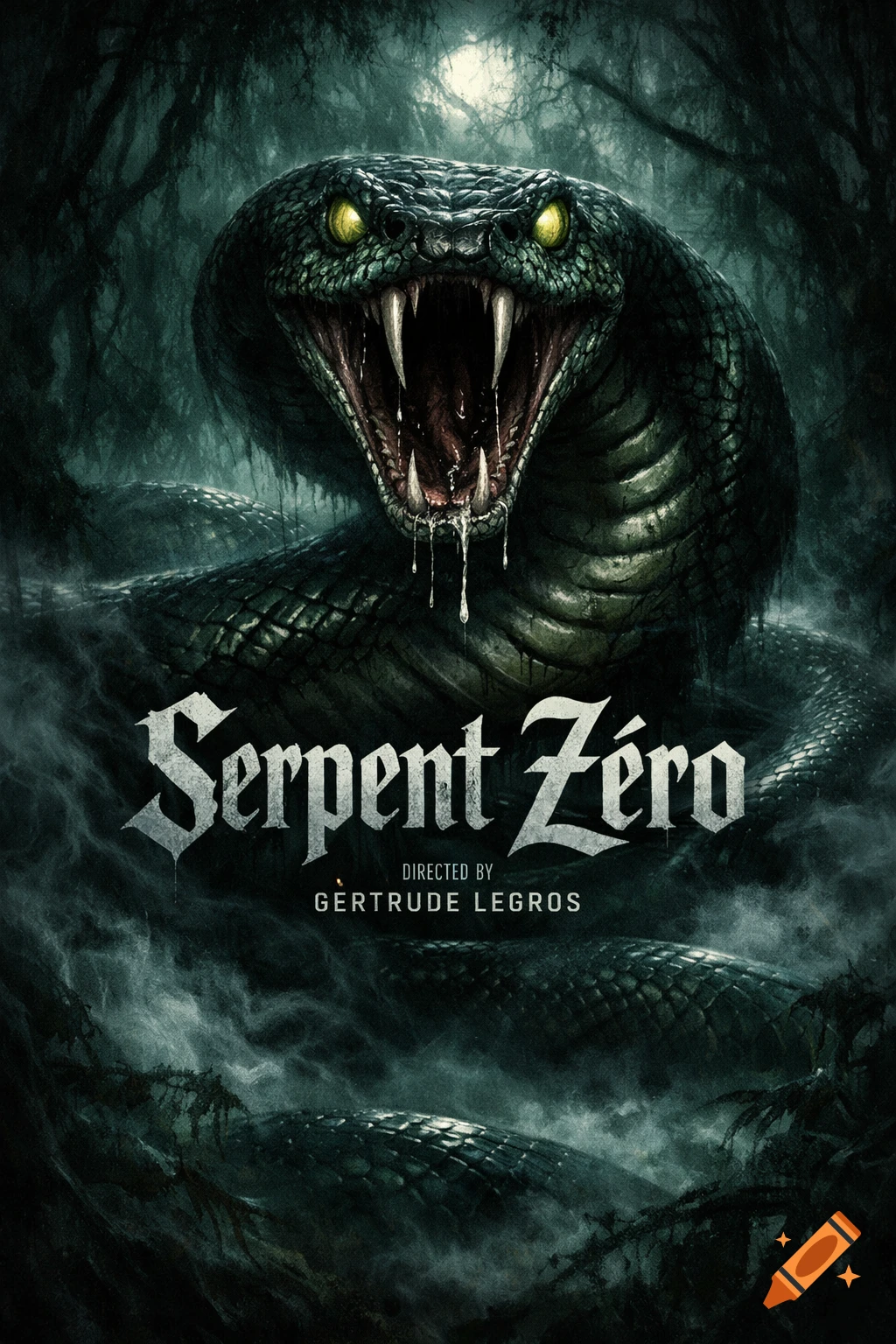 Dark movie poster for 'Serpent Z A menacing cobra with fangs and glowing eyes emerges from a swampy jungle.