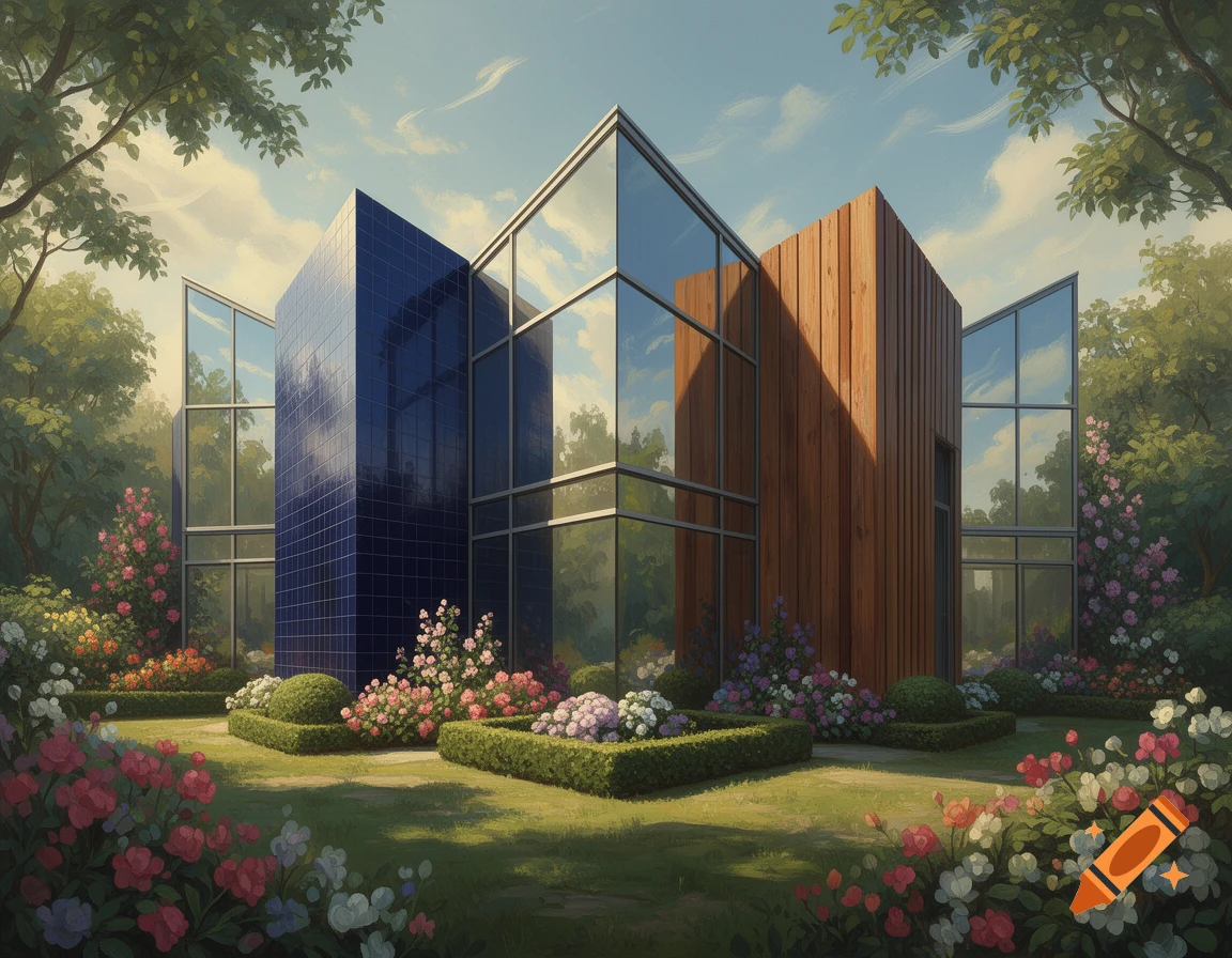 A modern house with blue tiled, wooden, and glass walls, surrounded by a vibrant garden under a clear sky in a painterly style.