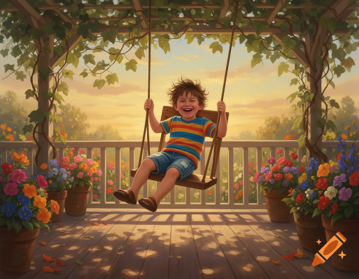 A happy boy with messy hair swings on a wooden swing under a vine-covered pergola, surrounded by colorful potted flowers at sunset. Painterly style.