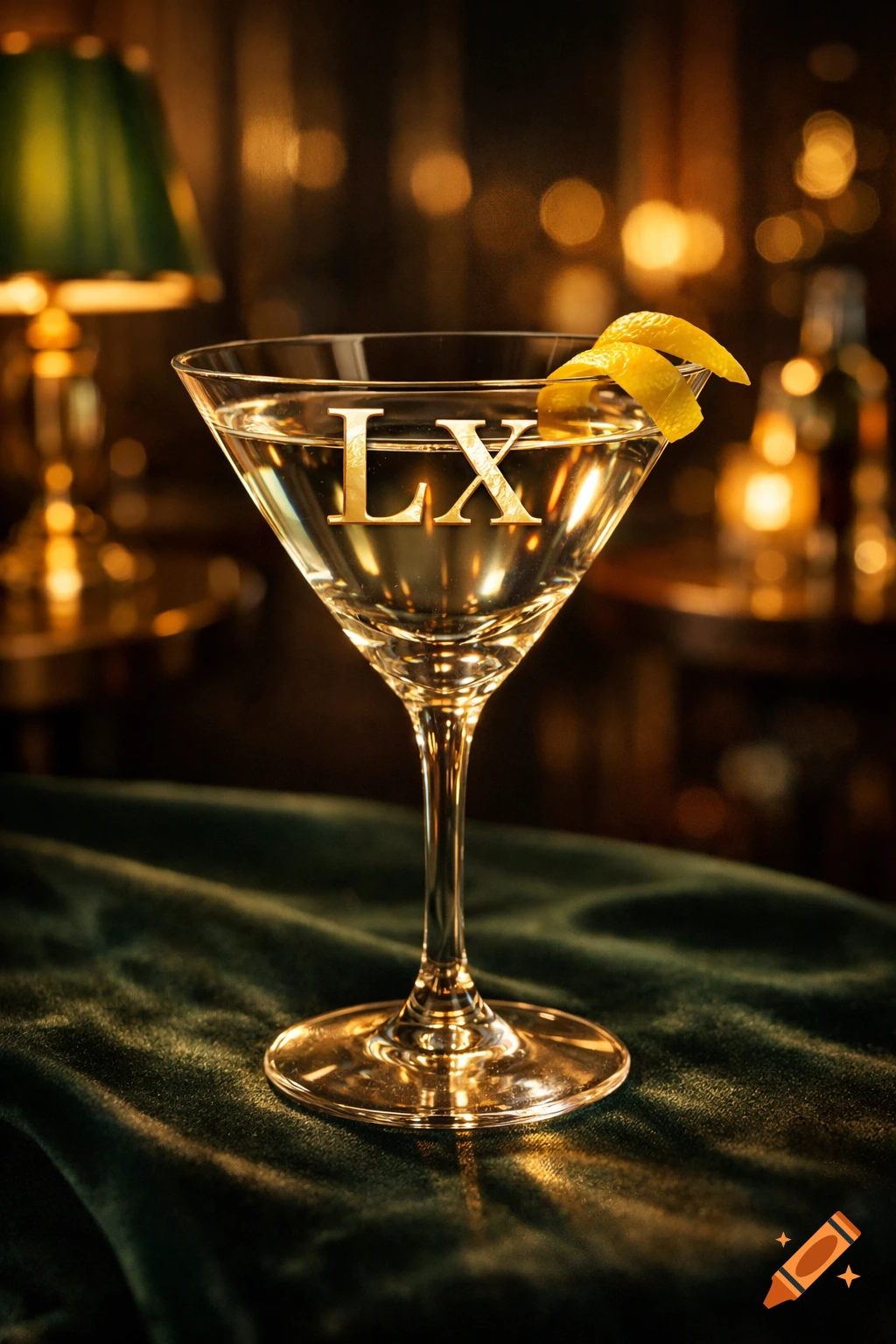 Photorealistic martini glass with golden 'LX' Roman numeral and lemon twist, on a green velvet table in a softly lit bar.