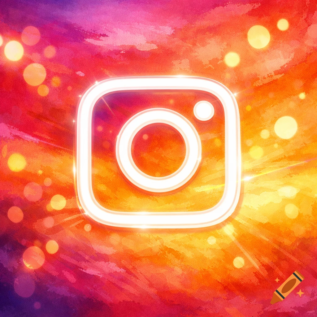 A vibrant, colorful abstract background with glowing bokeh lights features the iconic white outline of the Instagram camera logo.