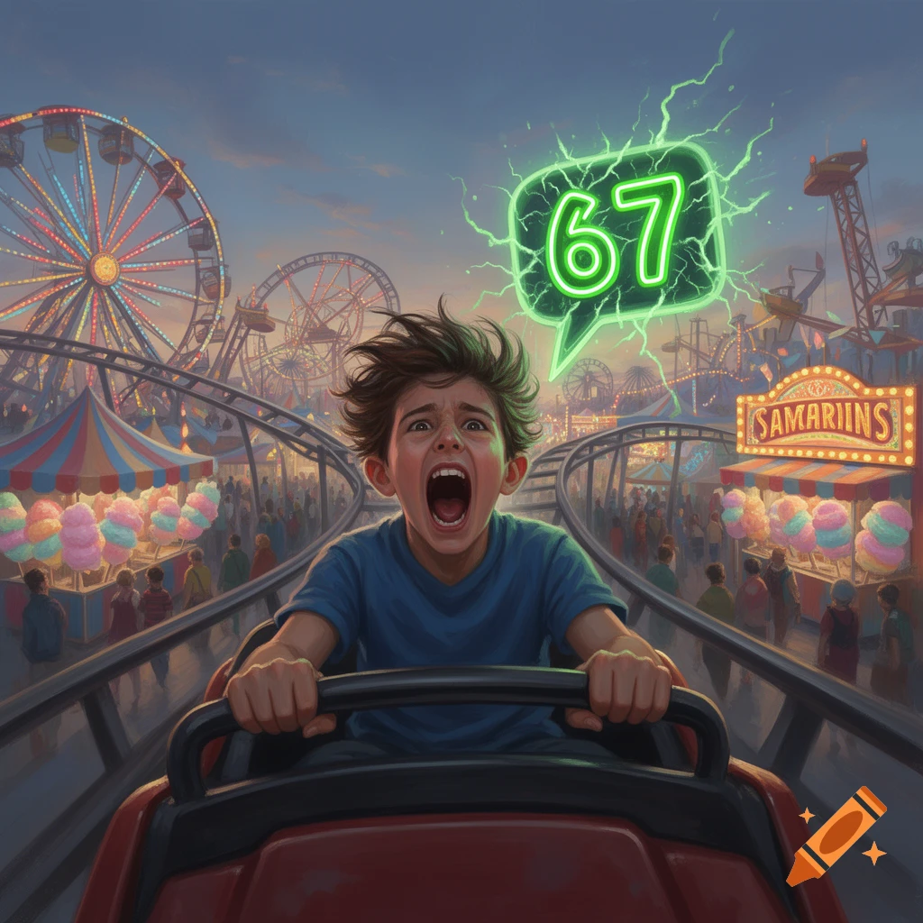 A scared boy screams "67" in a green speech bubble while riding a roller coaster at a busy amusement park during twilight.