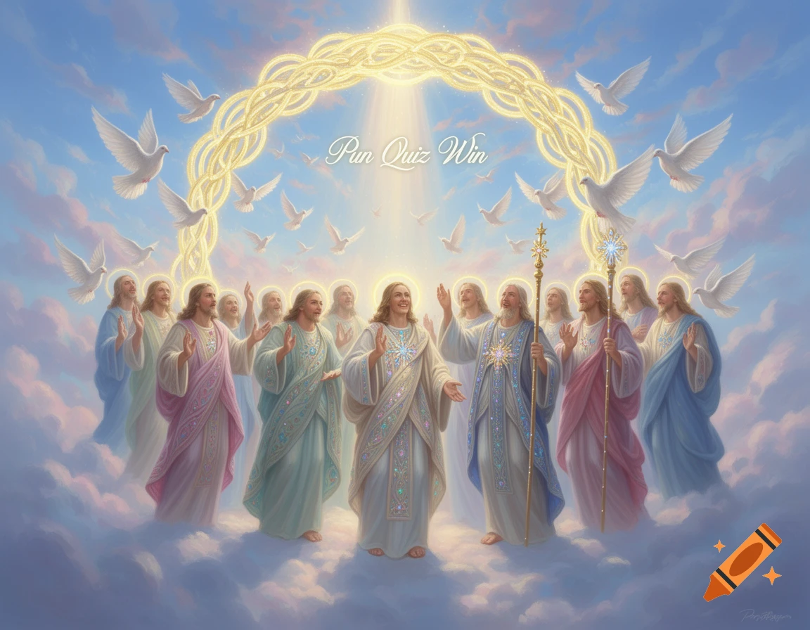 A group of saints in colorful robes celebrating on clouds with doves, a golden arch, and 'Pun Quiz Win' text in the sky. Painterly style.