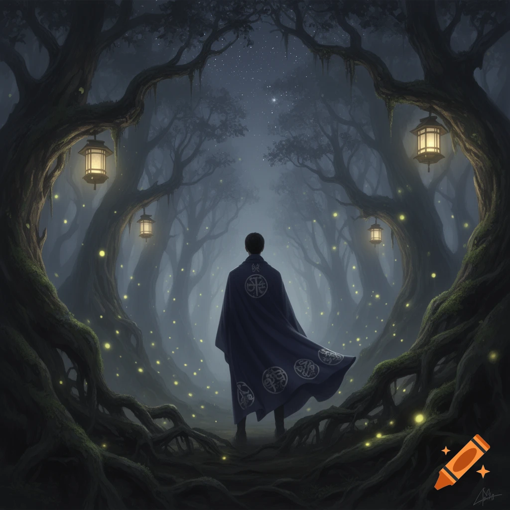 A person in a dark cloak with symbols on it stands in a mystical, foggy forest with glowing fireflies and lanterns hanging from ancient trees under a starry night sky.