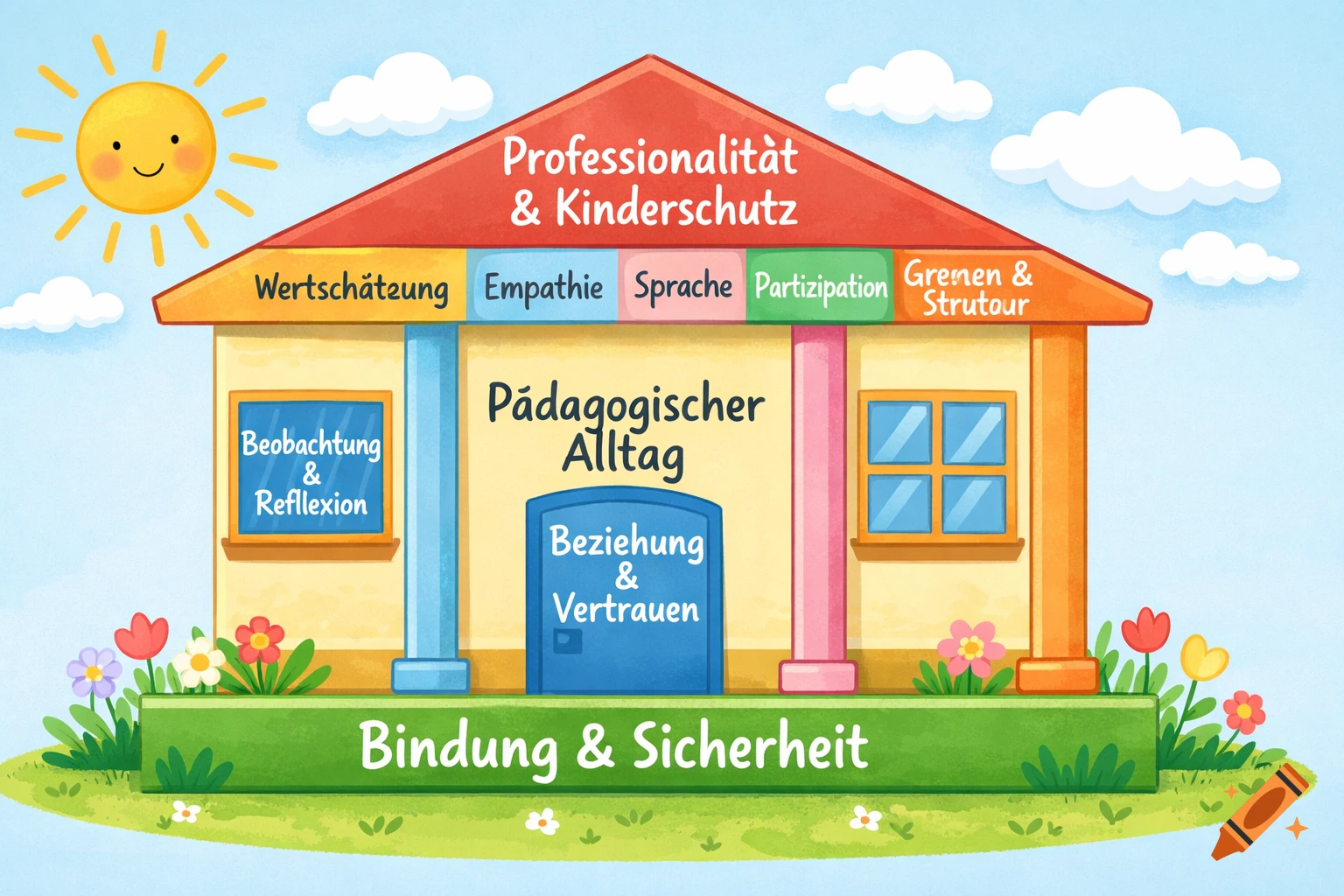 Colorful, child-friendly illustration of a house diagramming educational concepts, with a smiling sun, clouds, and flowers.