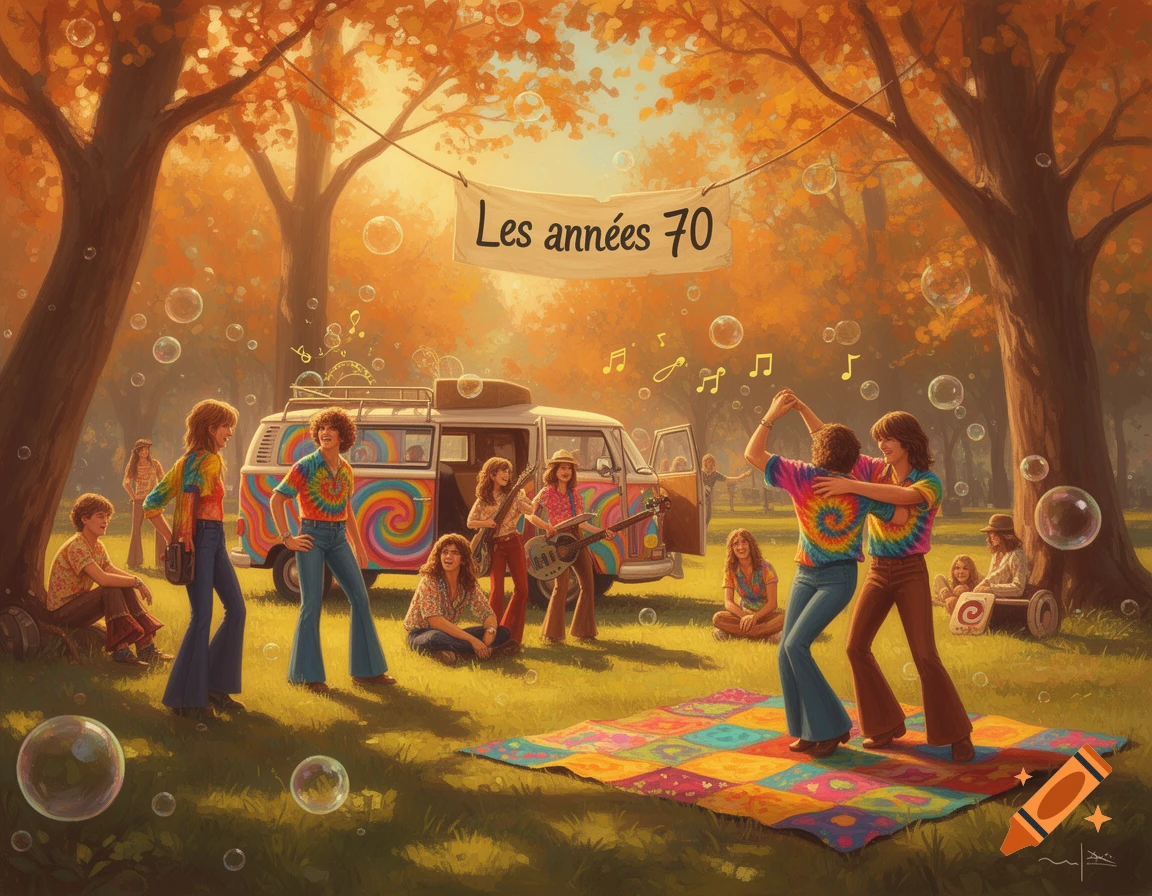Illustrated 70s outdoor hippie gathering with people dancing, playing music, and a colorful van amidst trees and bubbles.
