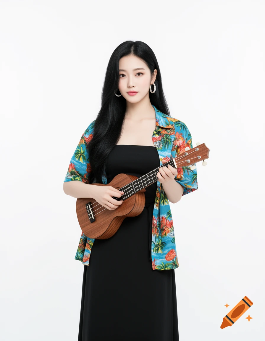 A beautiful young Korean woman with long black hair, wearing a Hawaiian shirt and black dress, playing a ukulele, on a white background.
